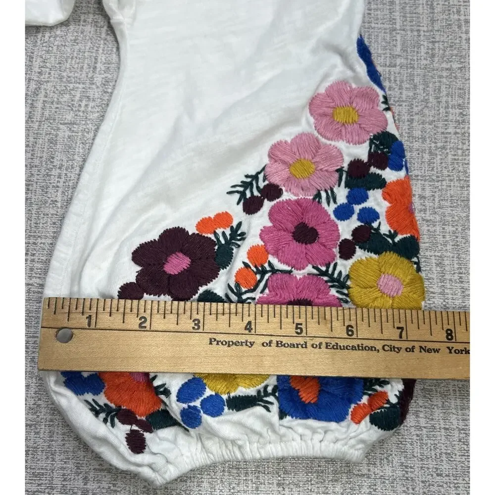 Boden White Cotton Floral Embroidered Puff Sleeve Peasant Top 6 M Boho